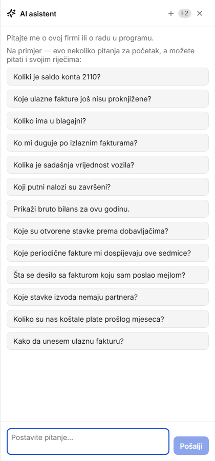 Prazan panel asistenta sa ponuđenim pitanjima (firma koja nije PDV obveznik — bez pitanja o PDV obračunu)