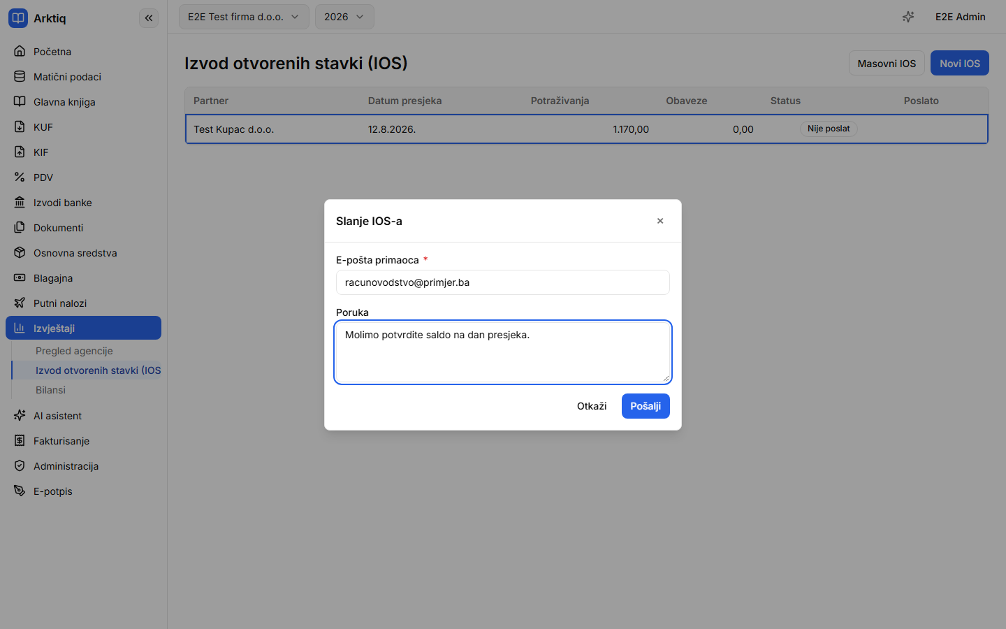 Slanje IOS-a — adresa primaoca i propratna poruka
