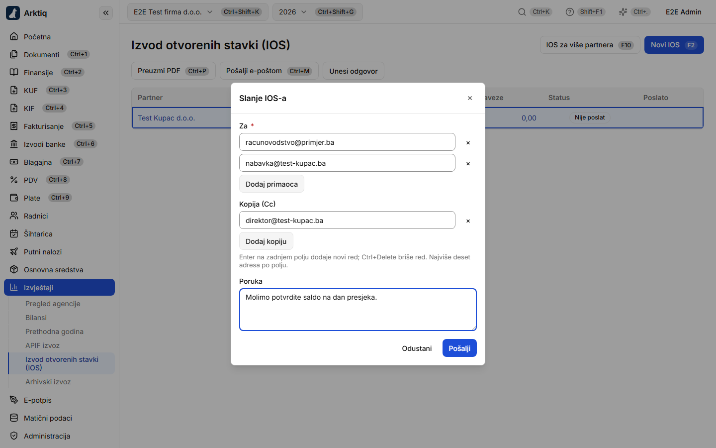 Slanje IOS-a — adresa primaoca i propratna poruka