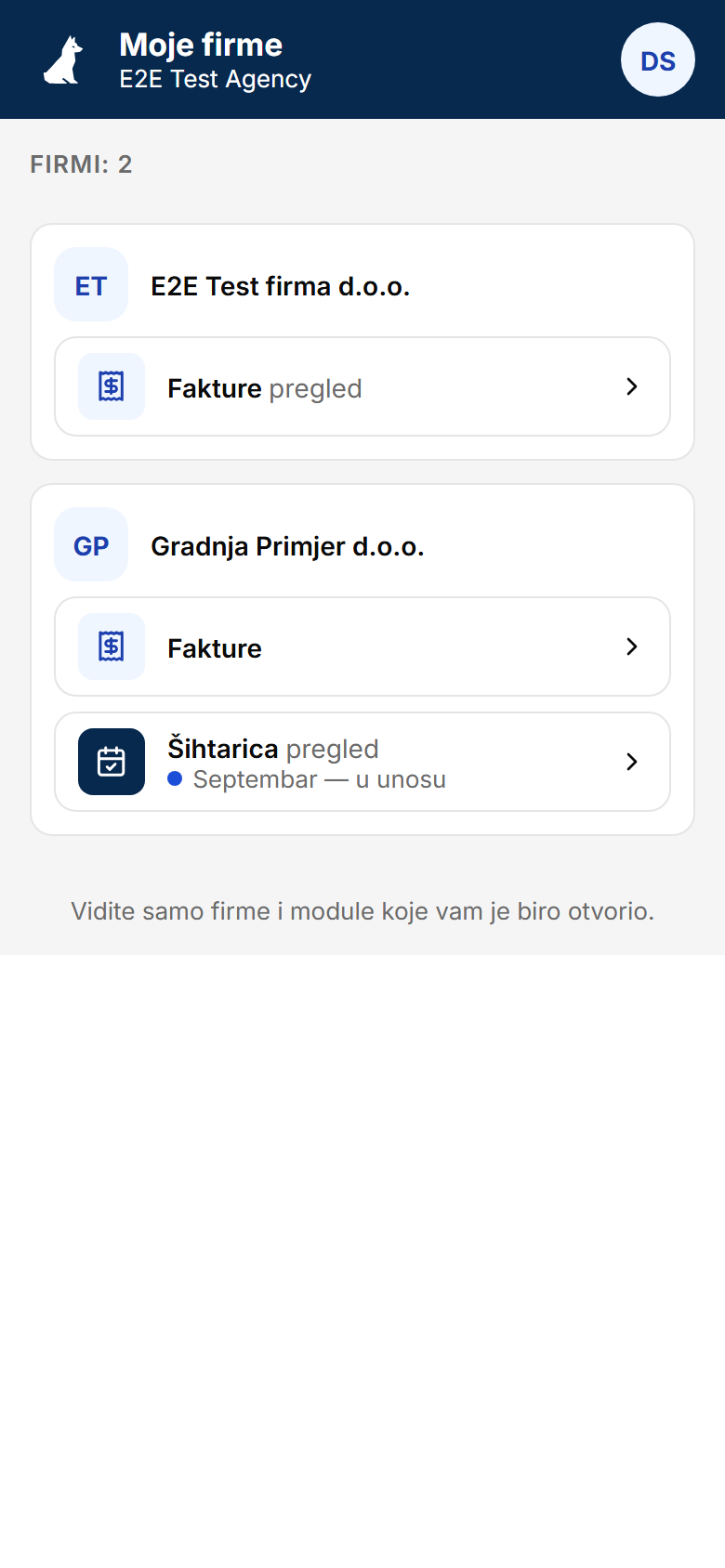 Početna korisnika firme na telefonu — kartice dvije firme, jedna ispod druge, sa dugmetom za svaki modul na koji ima pravo