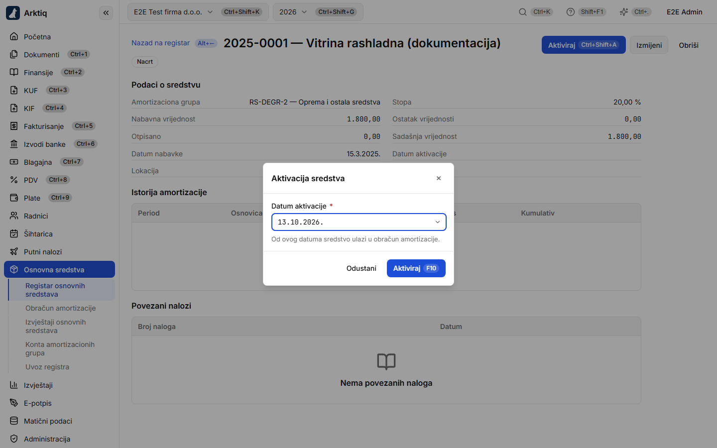 Dijalog aktivacije sa datumom i objašnjenjem