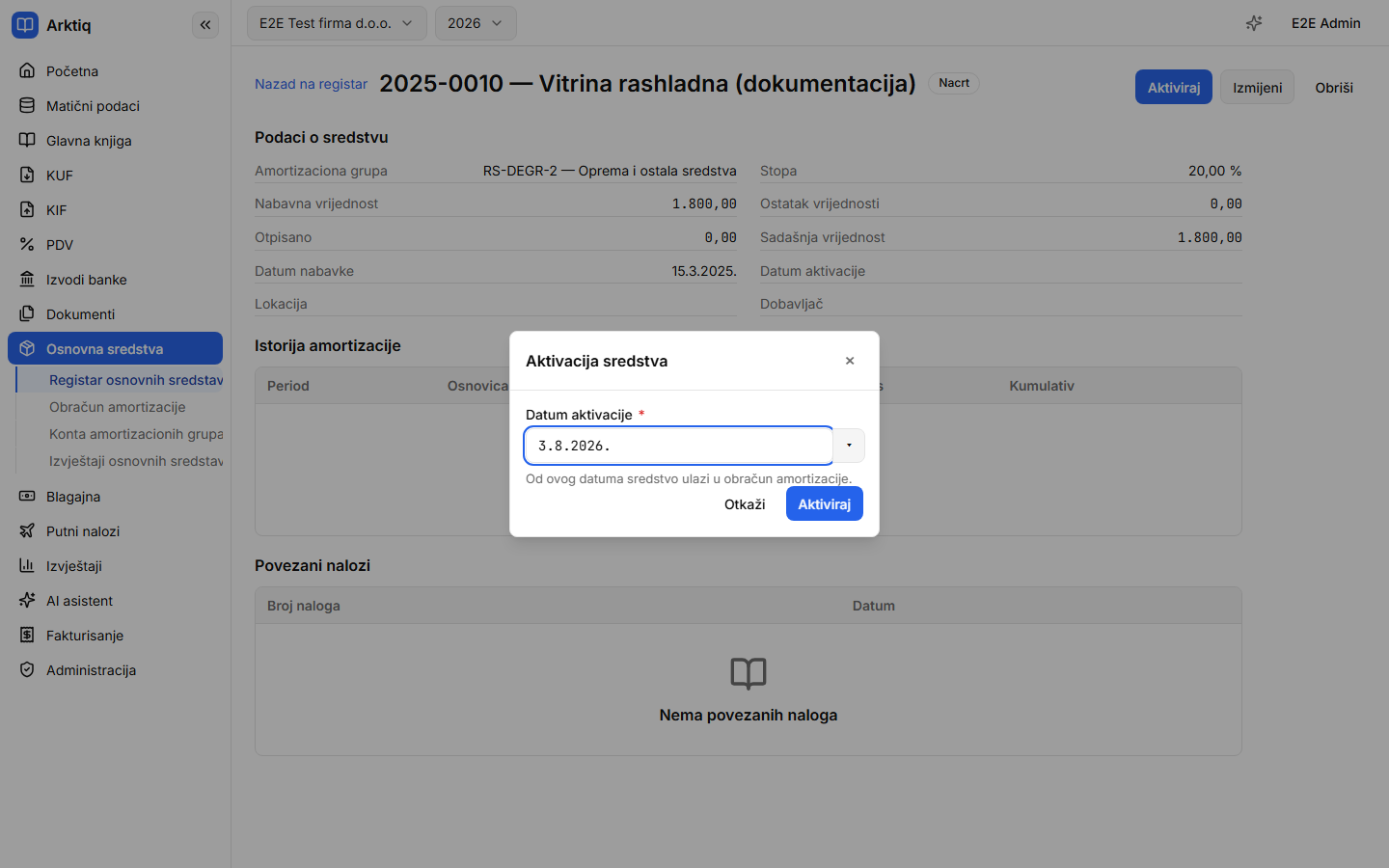 Dijalog aktivacije sa datumom i objašnjenjem