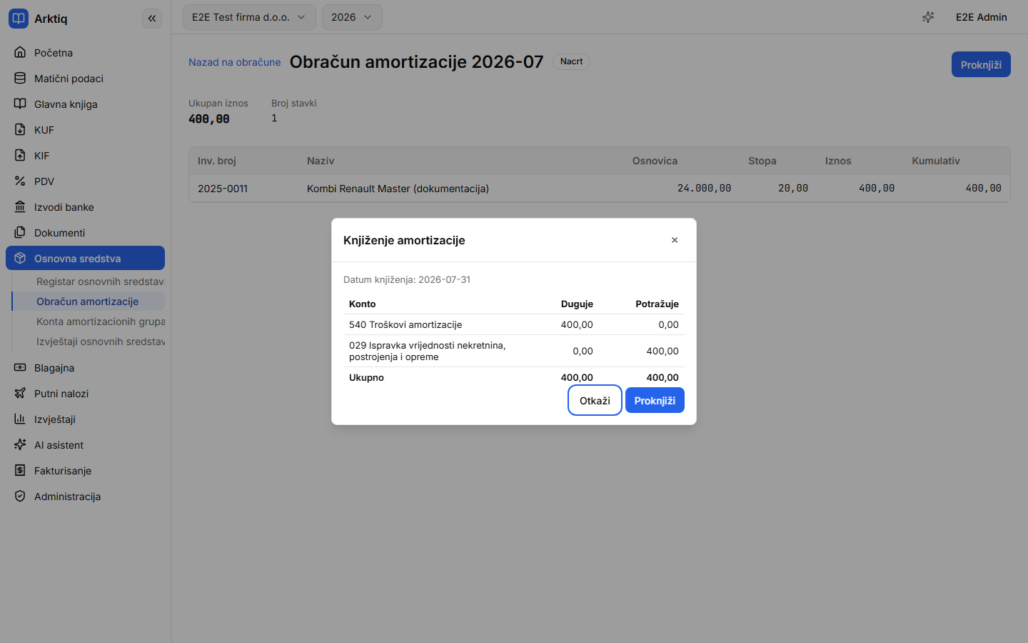 Pregled naloga amortizacije prije knjiženja — konta 540 i 029 sa iznosima