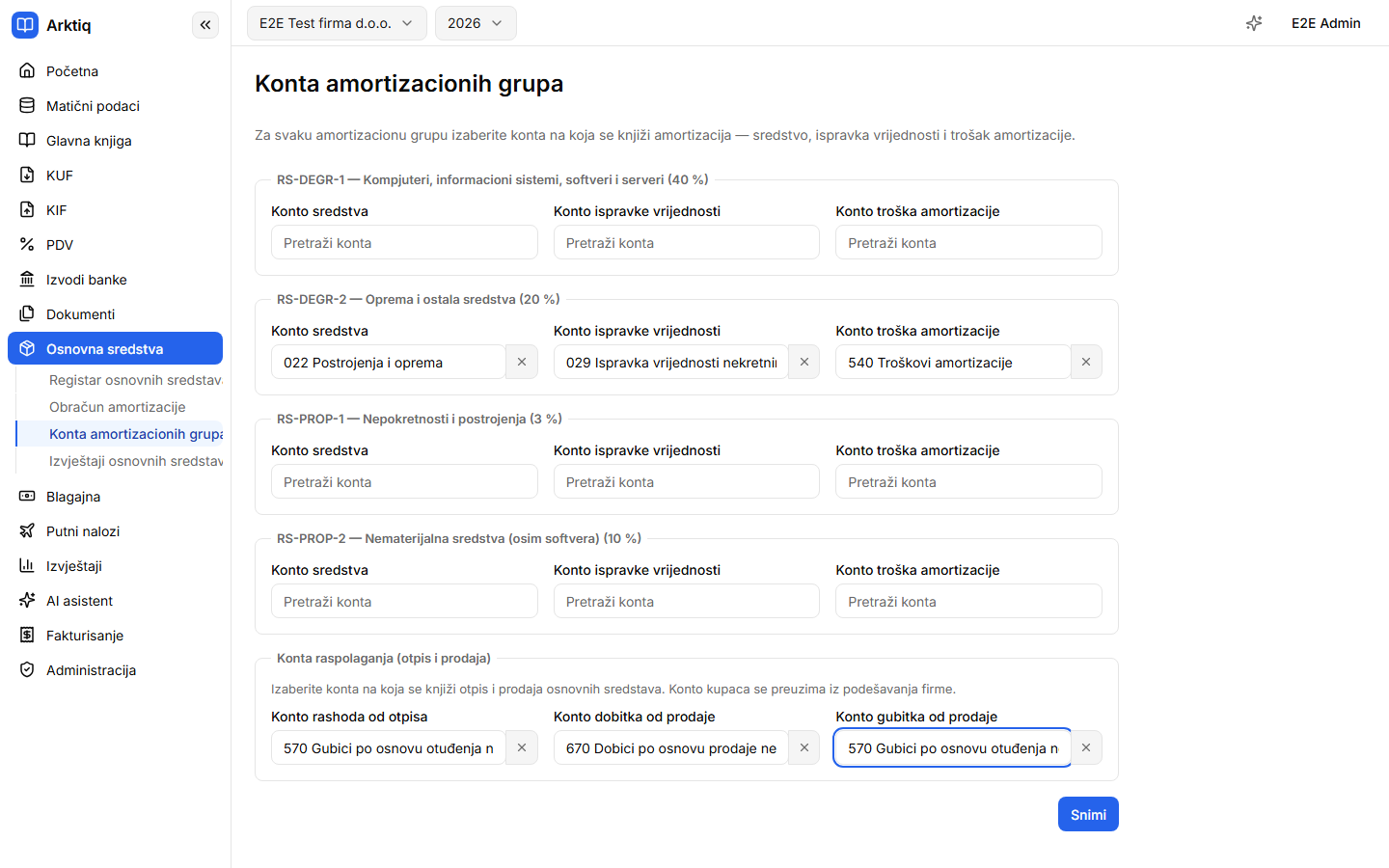 Konta amortizacionih grupa — grupa Oprema sa izabrana tri konta i konta raspolaganja