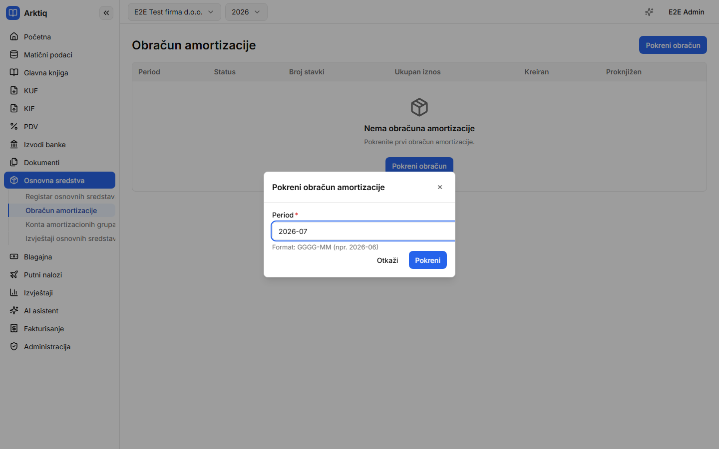 Dijalog „Pokreni obračun amortizacije" sa ponuđenim periodom