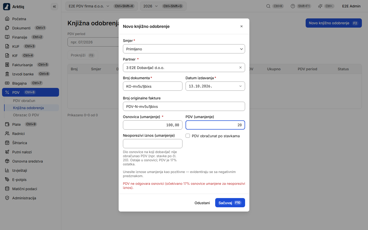 Dijalog „Novo knjižno odobrenje" sa upaljenom kontrolom PDV-a