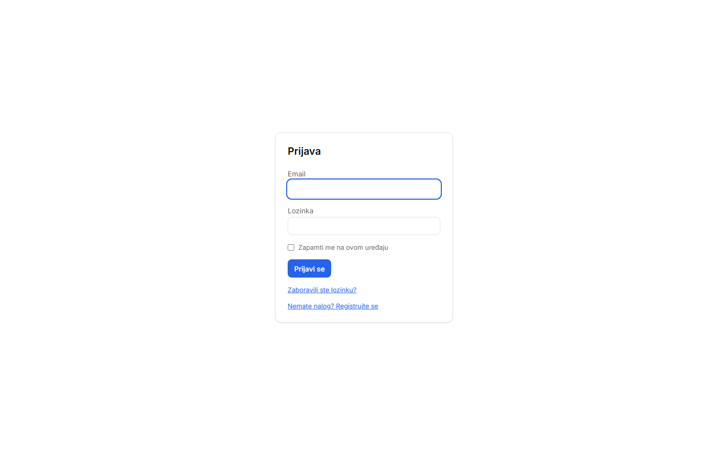 Ekran prijave sa poljima za email i lozinku i opcijom „Zapamti me"
