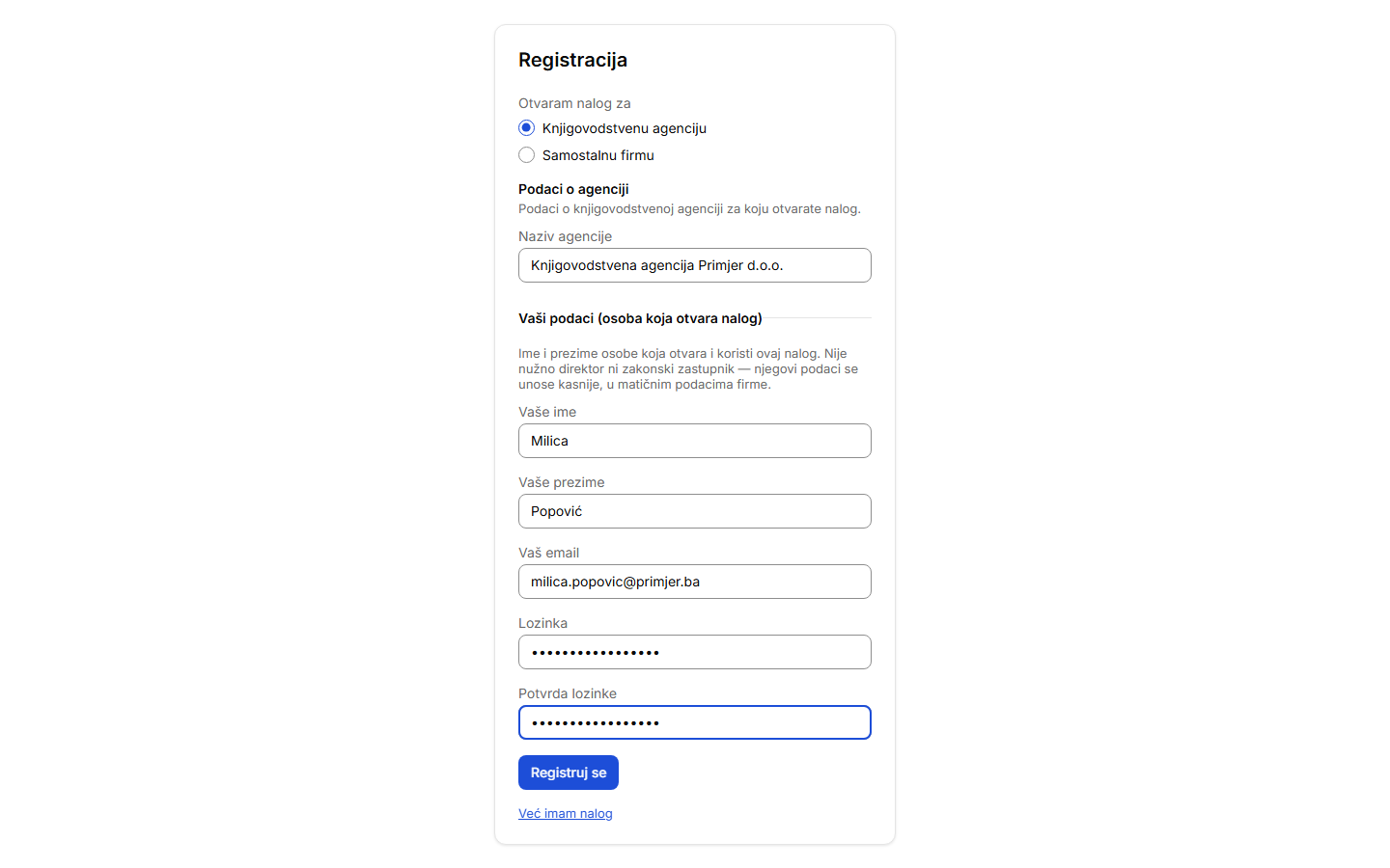 Ekran registracije — tip naloga, agencija i osoba