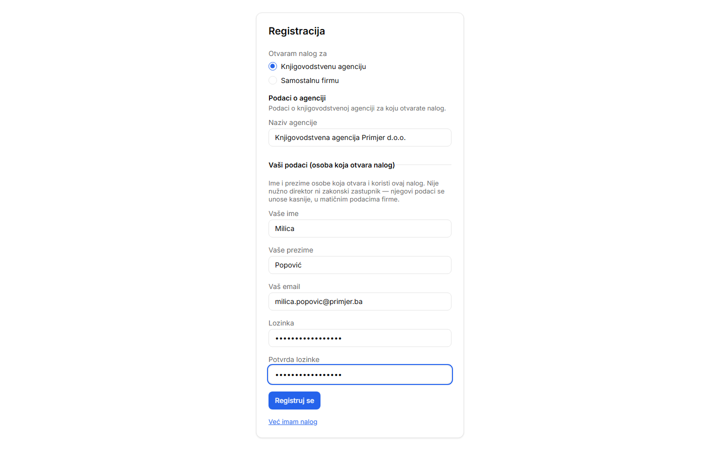 Ekran registracije — izbor tipa naloga, podaci o agenciji i podaci o osobi