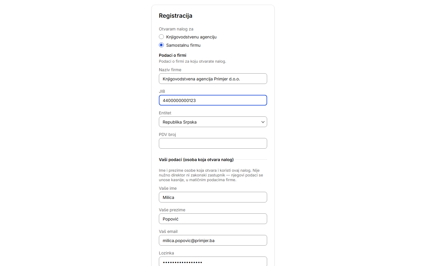 Registracija samostalne firme — JIB, entitet i PDV broj