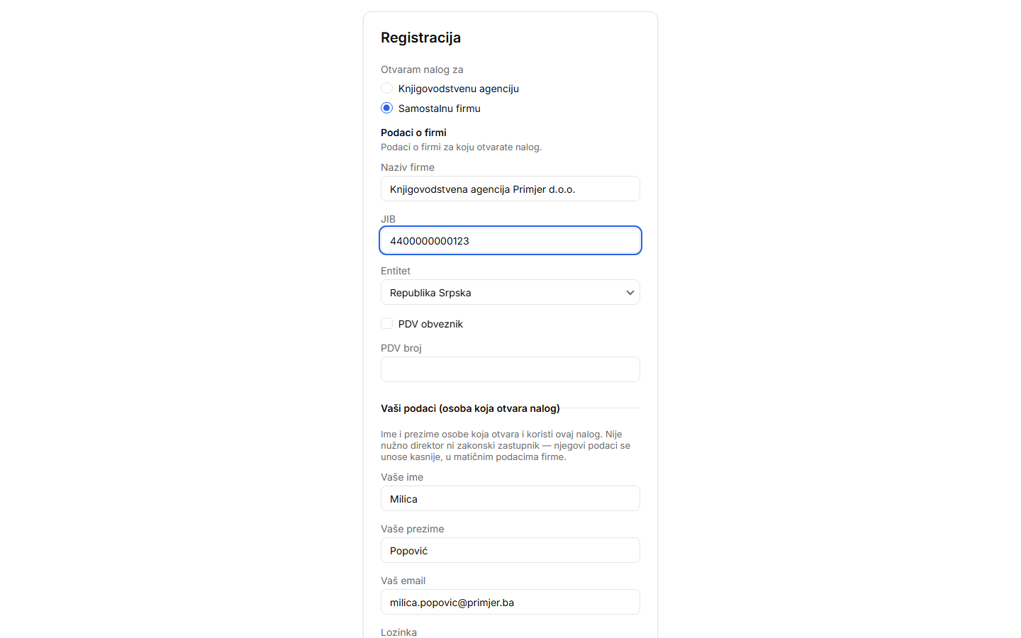 Registracija samostalne firme — otvoren blok sa JIB-om, entitetom i kontnim okvirom