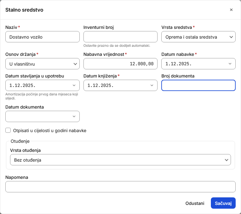 Dijalog „Stalno sredstvo" — prazan inventurni broj dodjeljuje program
