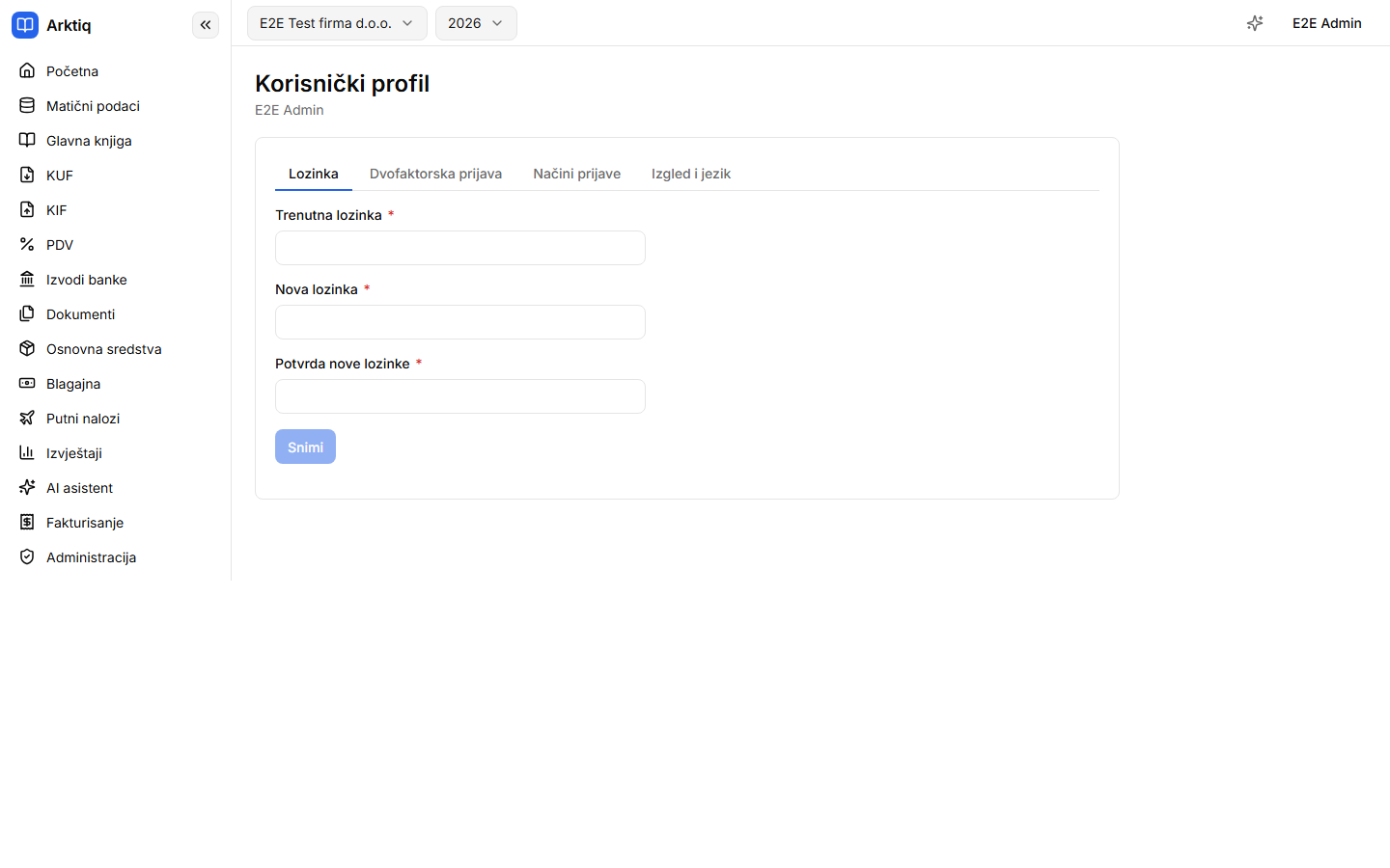 Korisnički profil sa karticama podešavanja