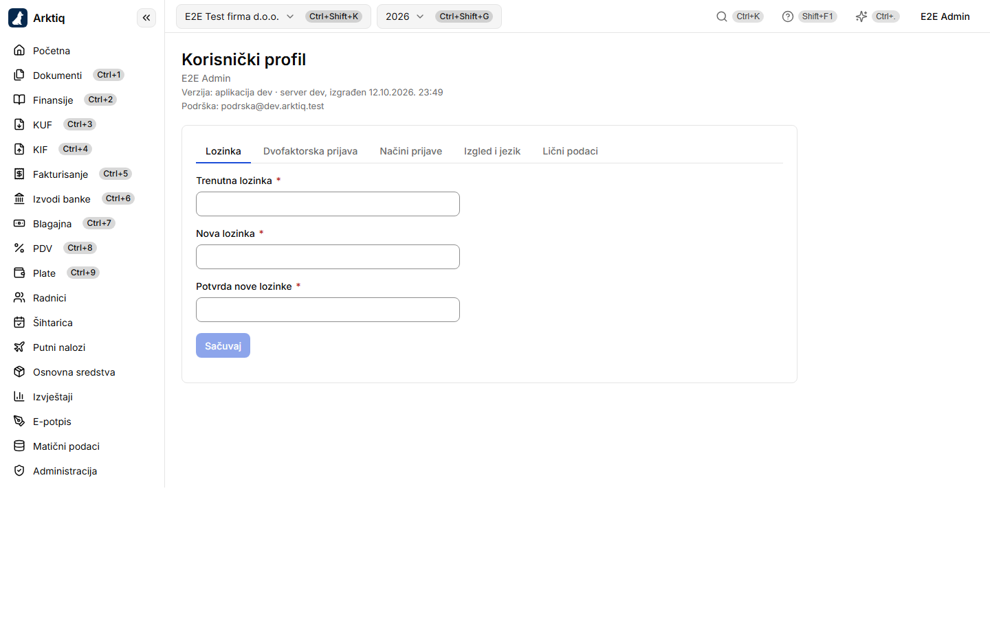 Korisnički profil sa karticama podešavanja